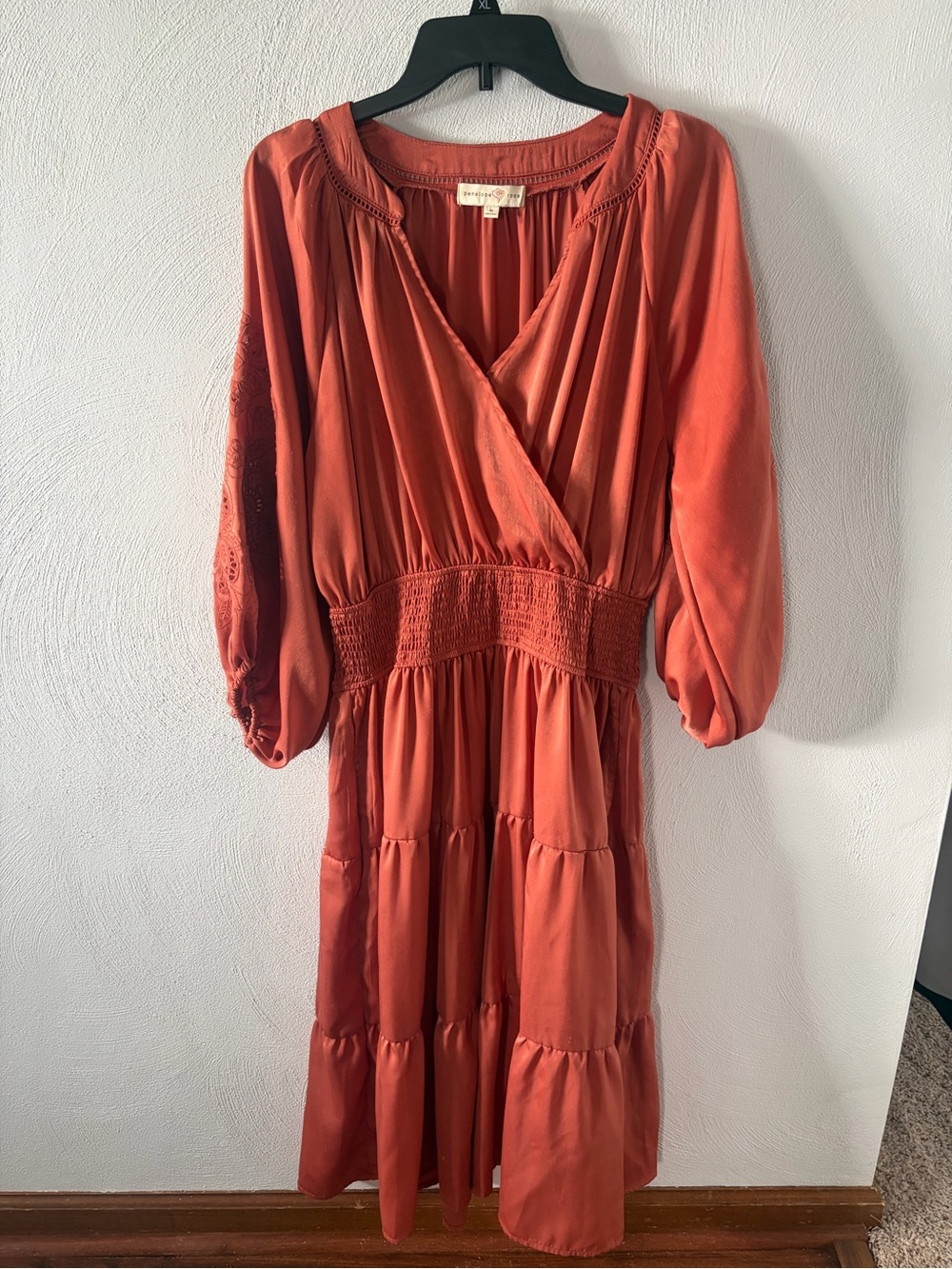 Smocked Waist Tiered Midi Dress in Rust Orange